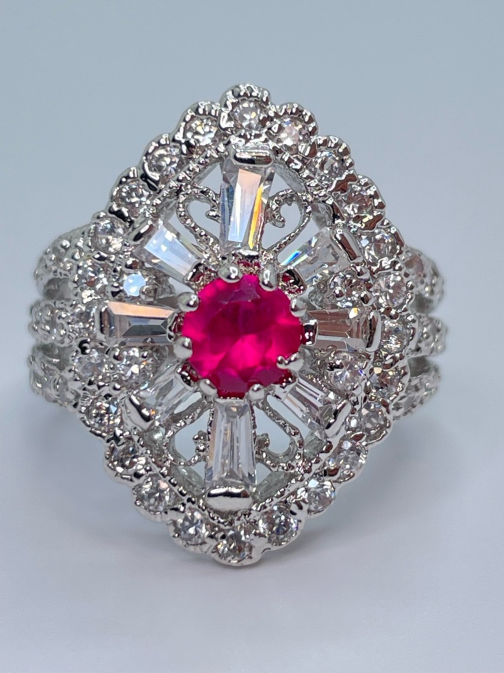 Diamond White Pink Swarovski Crystal Halo Ring Silver Art Deco Statement Size 6